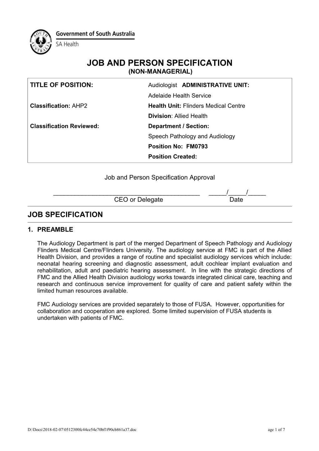 TITLE of POSITION: Audiologist ADMINISTRATIVE UNIT