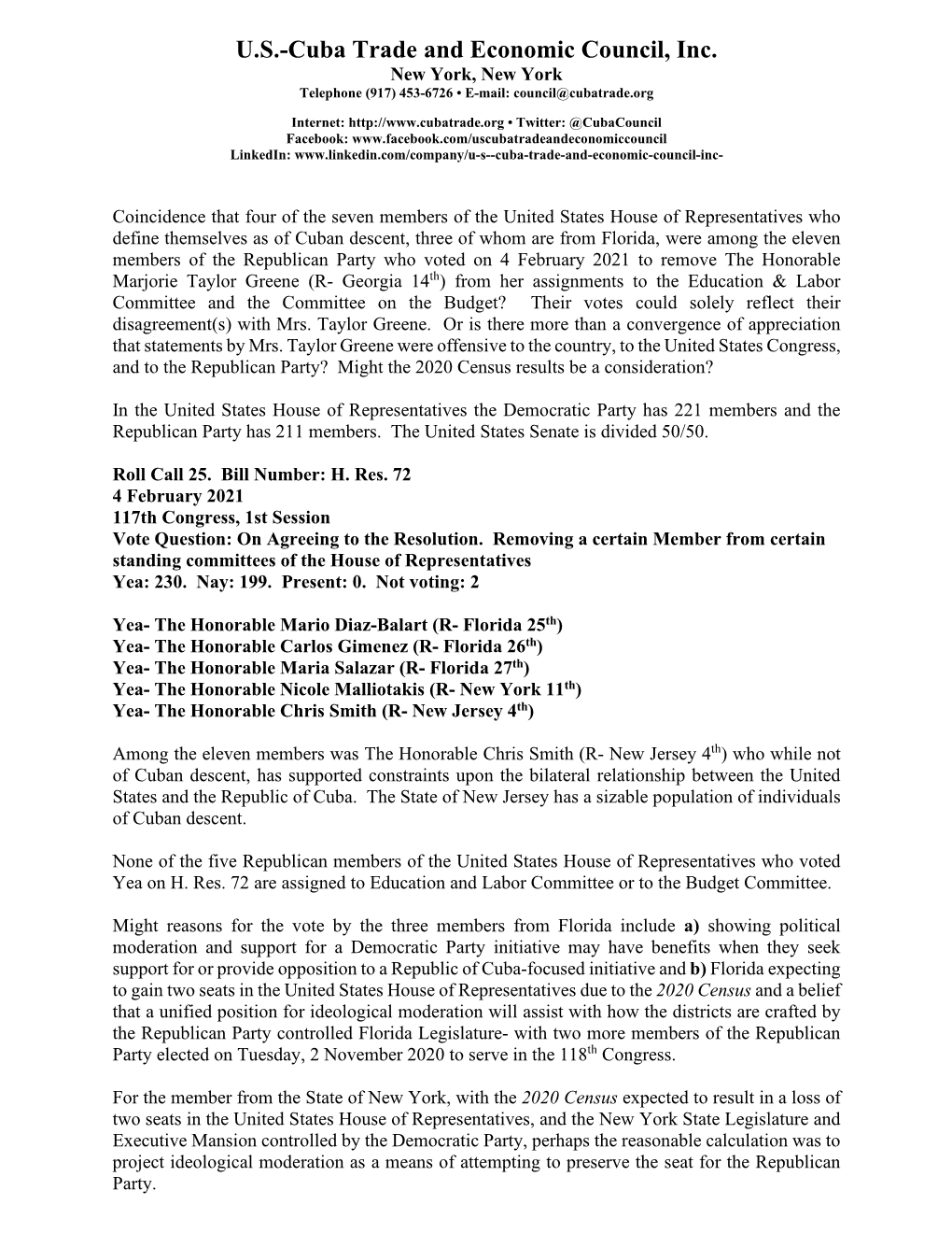 U.S.-Cuba Trade and Economic Council, Inc. New York, New York Telephone (917) 453-6726 • E-Mail: Council@Cubatrade.Org