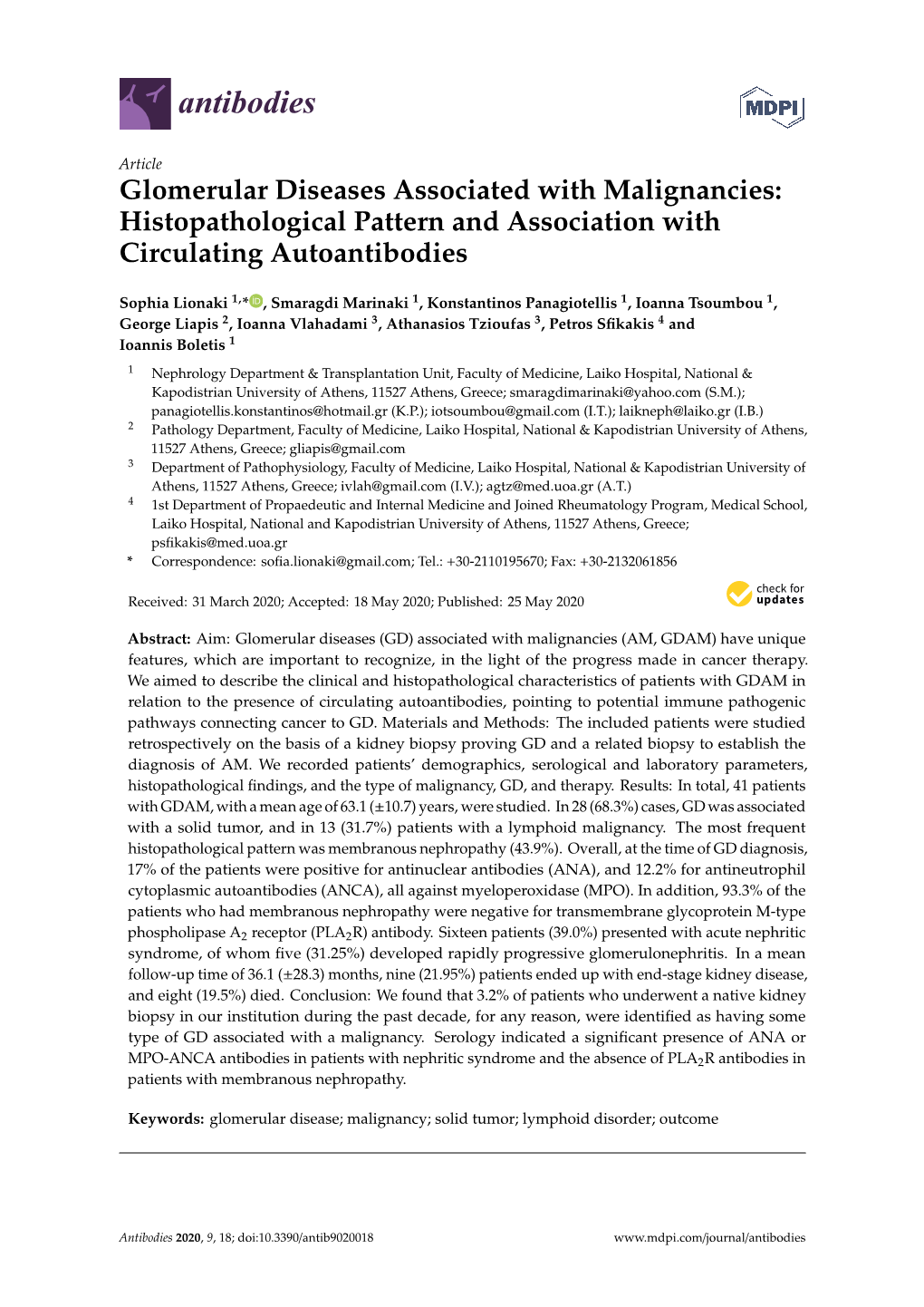 Glomerular Diseases Associated with Malignancies: Histopathological Pattern and Association with Circulating Autoantibodies