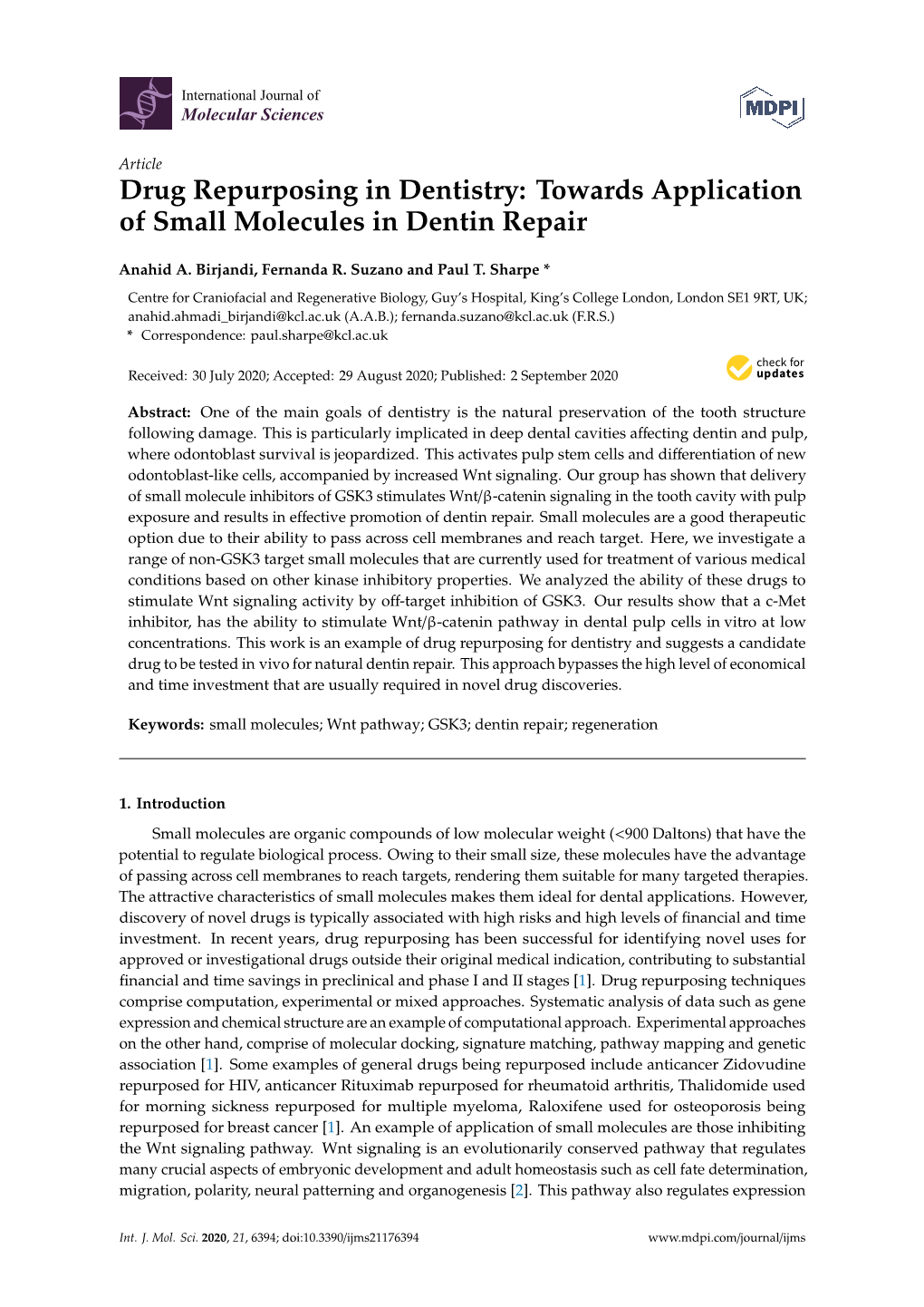Towards Application of Small Molecules in Dentin Repair