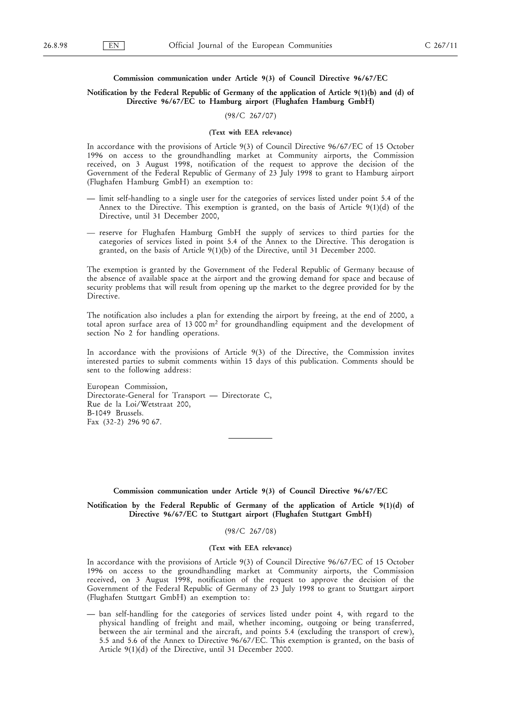 Of Council Directive 96/67/EC Notification by the Federal Republic of Germany Of