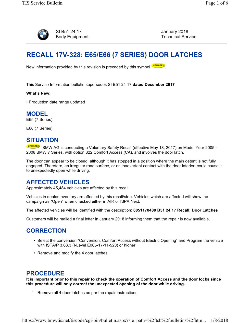 Recall 17V-328: E65/E66 (7 Series) Door Latches