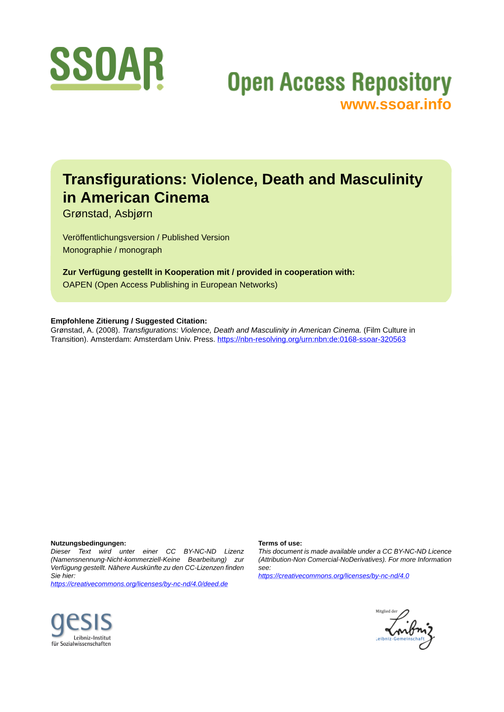 Transfigurations: Violence, Death and Masculinity in American Cinema Grønstad, Asbjørn