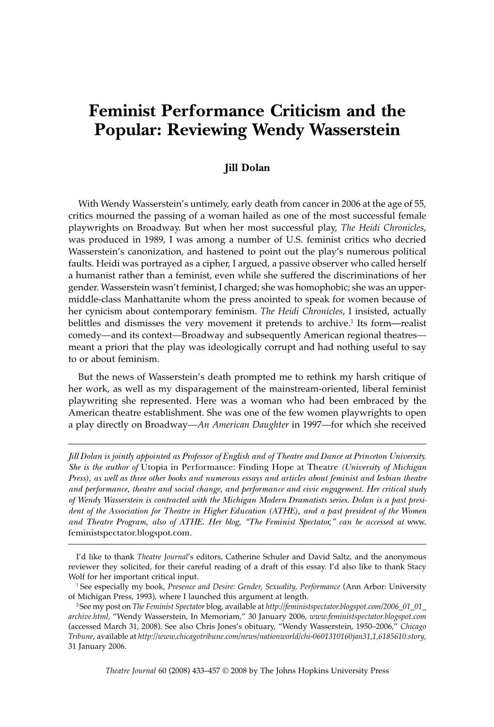 Feminist Performance Criticism and the Popular: Reviewing Wendy Wasserstein