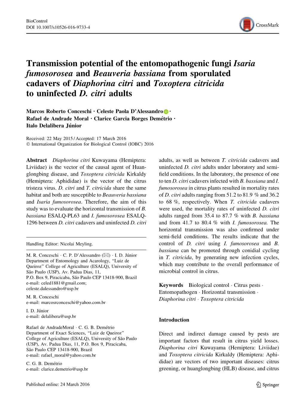 Transmission Potential of the Entomopathogenic Fungi Isaria