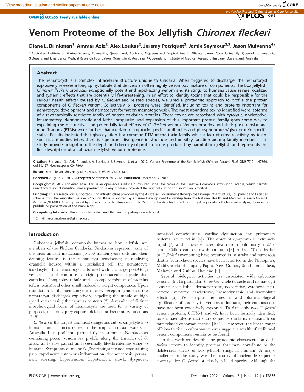 Venom Proteome of the Box Jellyfish Chironex Fleckeri