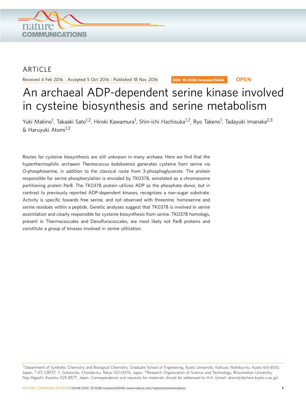 An Archaeal ADP-Dependent Serine Kinase Involved in Cysteine Biosynthesis and Serine Metabolism