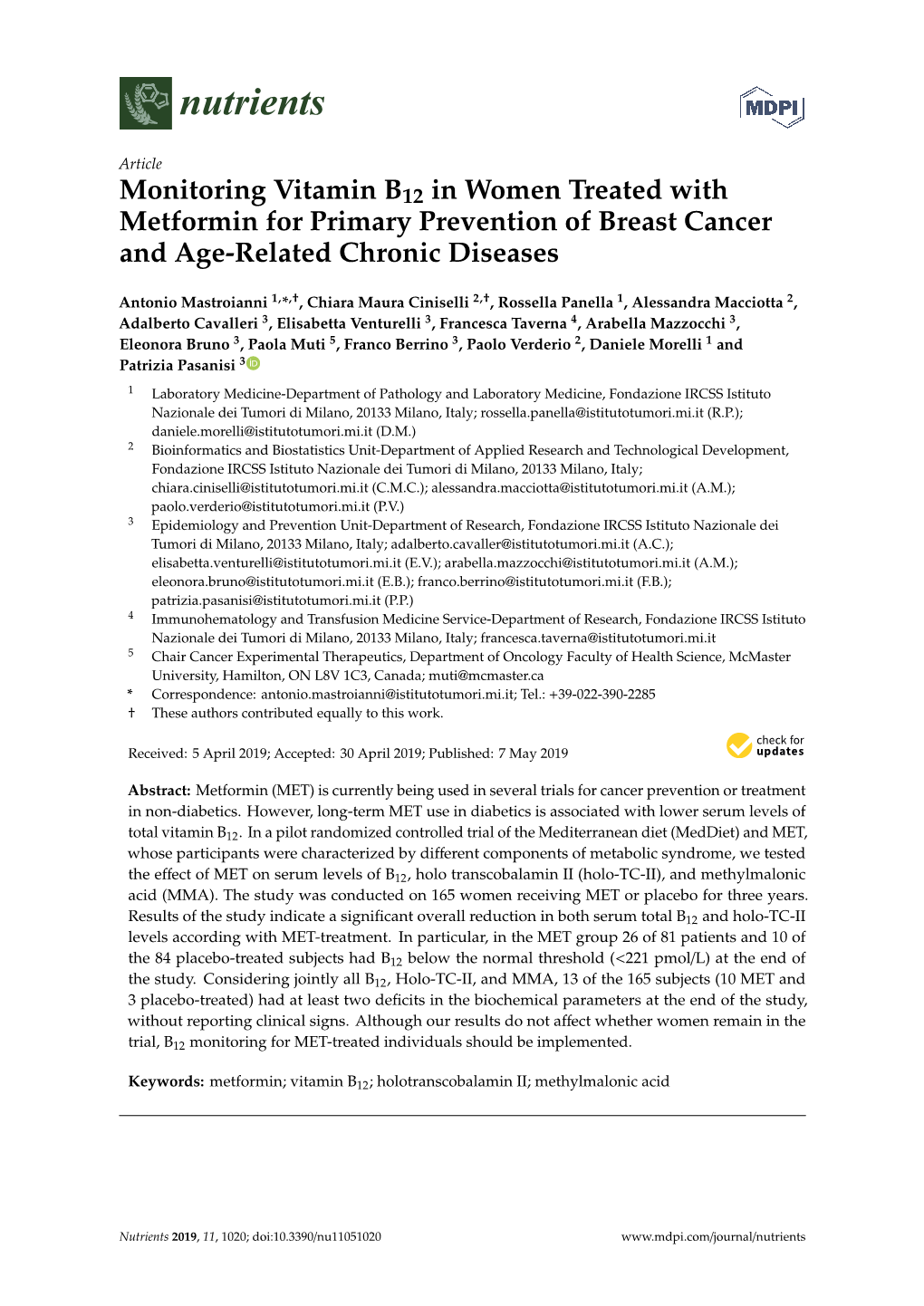 Monitoring Vitamin B12 in Women Treated with Metformin for Primary Prevention of Breast Cancer and Age-Related Chronic Diseases