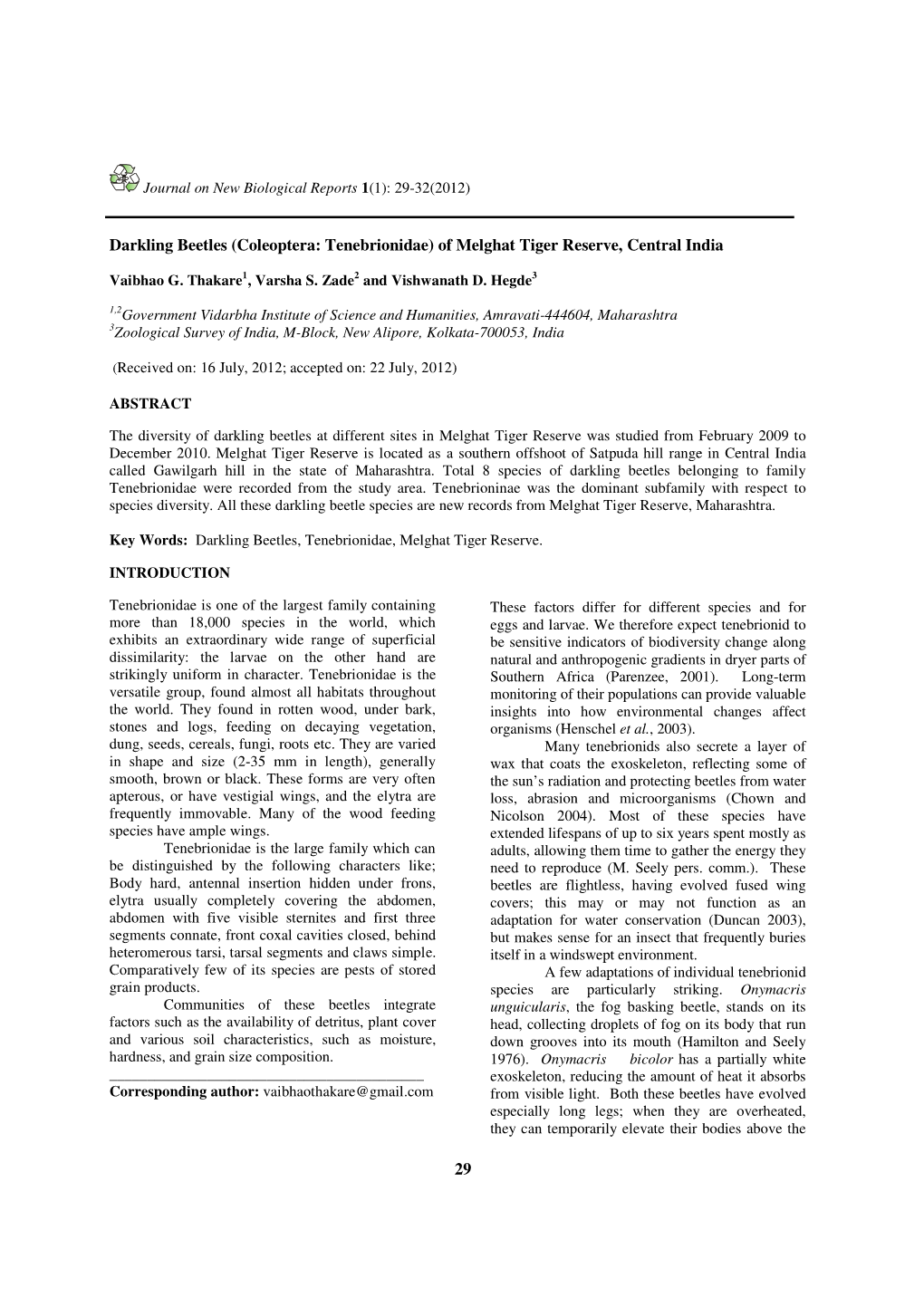 29 Darkling Beetles (Coleoptera: Tenebrionidae) of Melghat Tiger Reserve, Central India