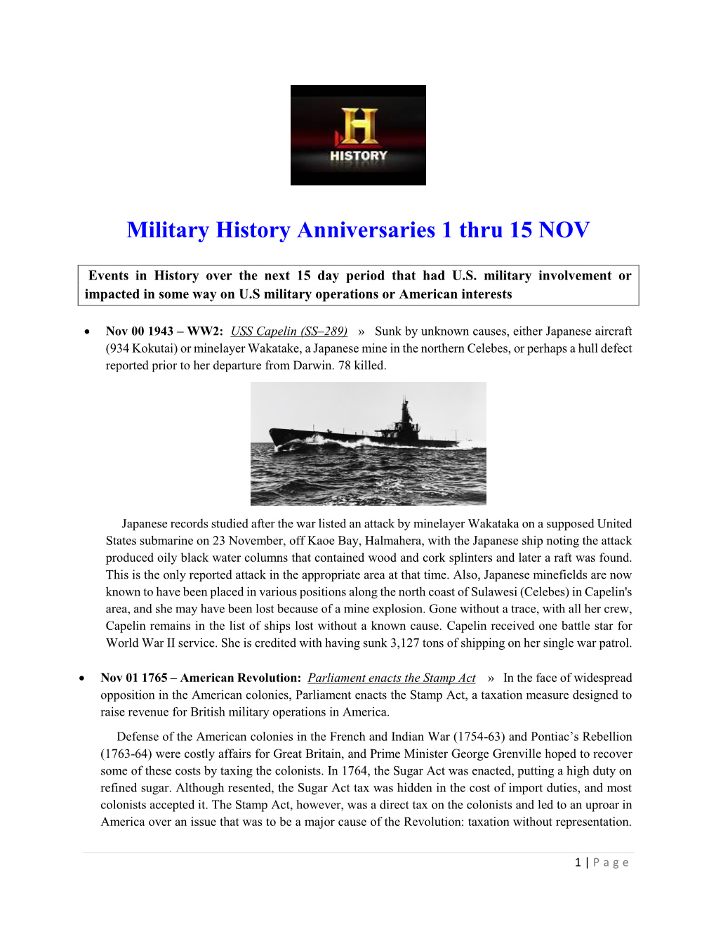 Military History Anniversaries 1 Thru 15 NOV