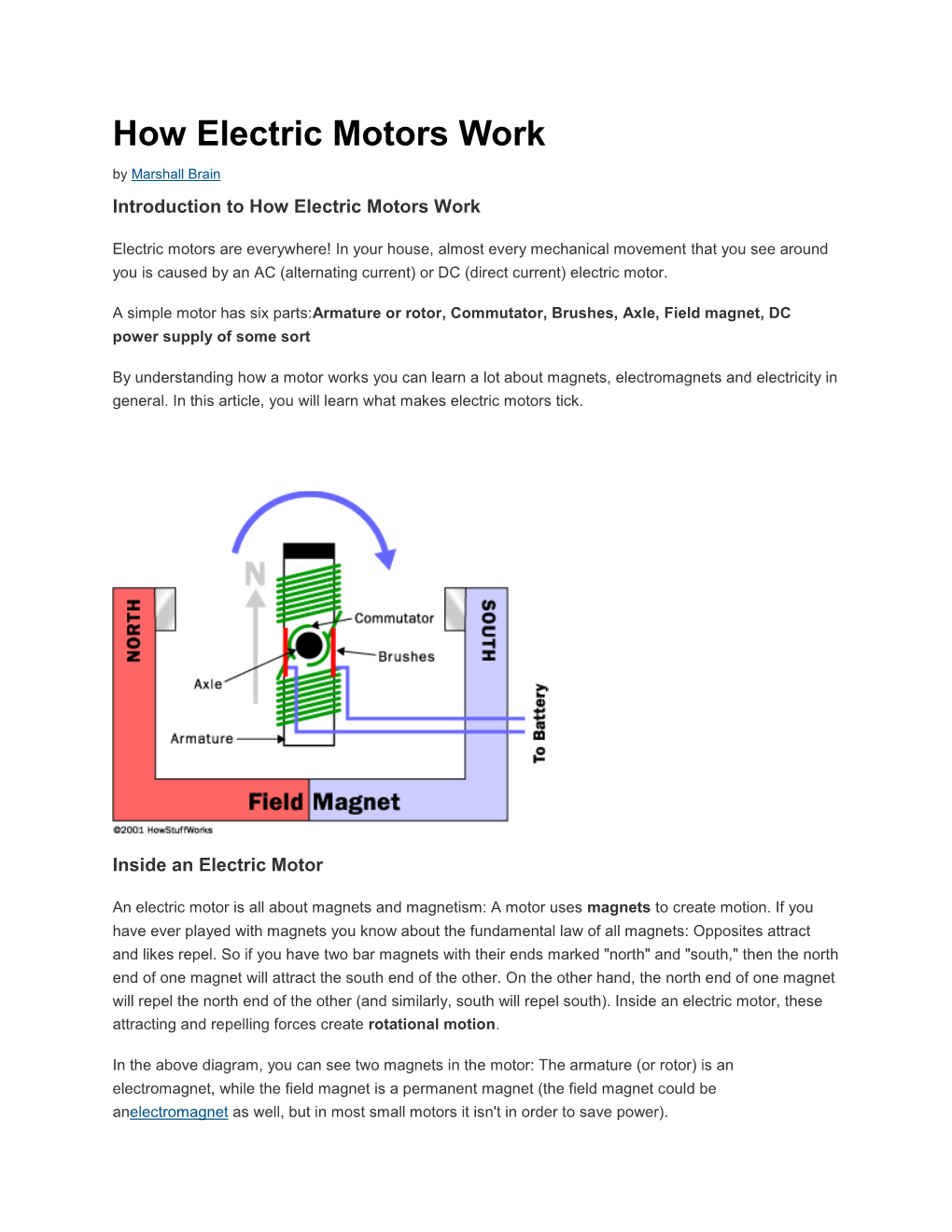 How Electric Motors Work by Marshall Brain Introduction to How Electric Motors Work