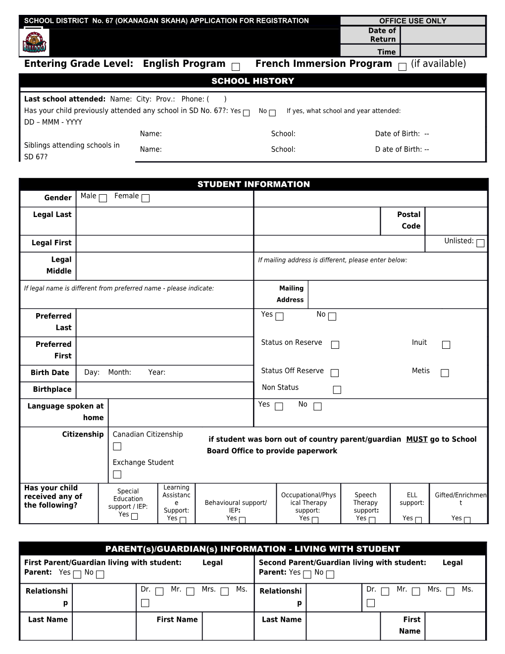 School District #23 (Central Okanagan) Registration Form