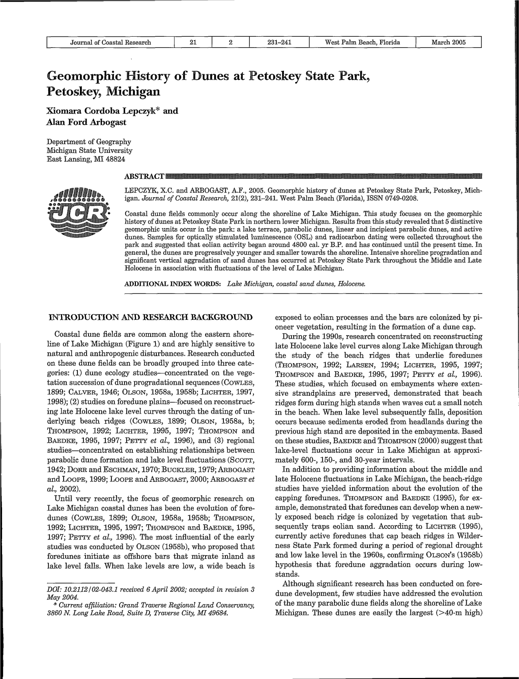 Geomorphic History of Dunes at Petoskey State Park, Petoskey, Michigan