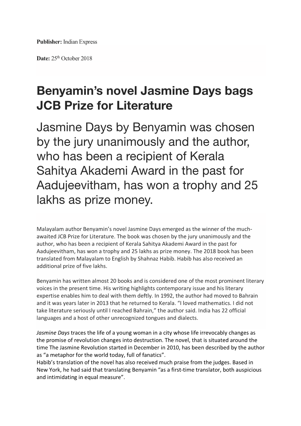 Benyamin's Novel Jasmine Days Bags JCB Prize for Literature Jasmine