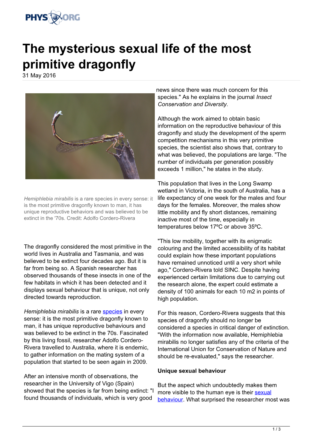The Mysterious Sexual Life of the Most Primitive Dragonfly 31 May 2016