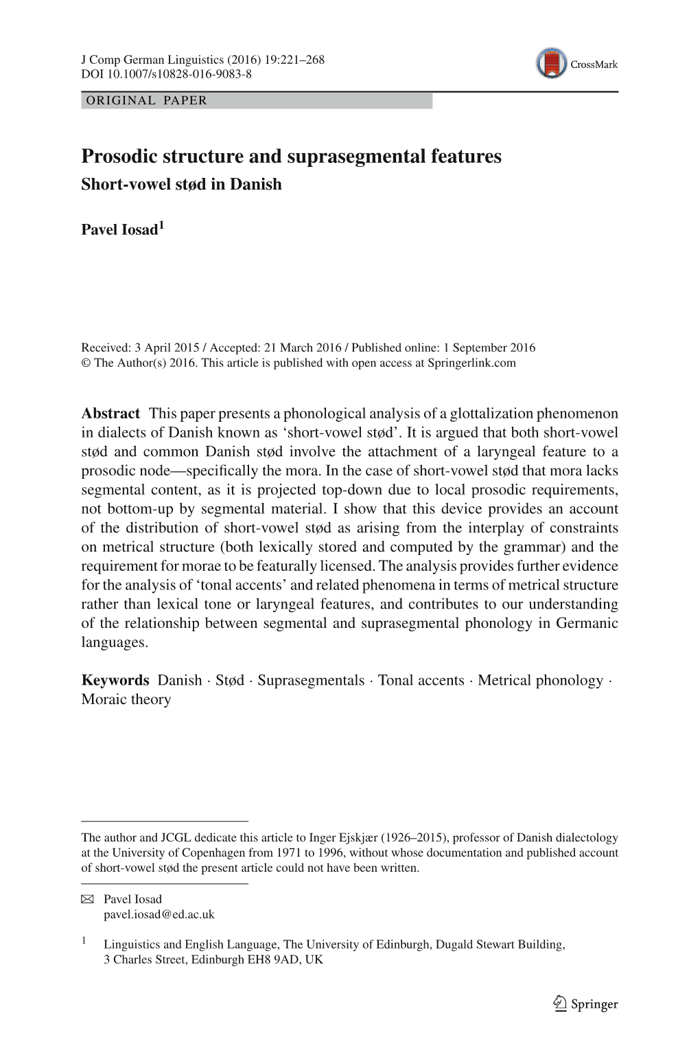 Prosodic Structure and Suprasegmental Features Short-Vowel Stød in Danish