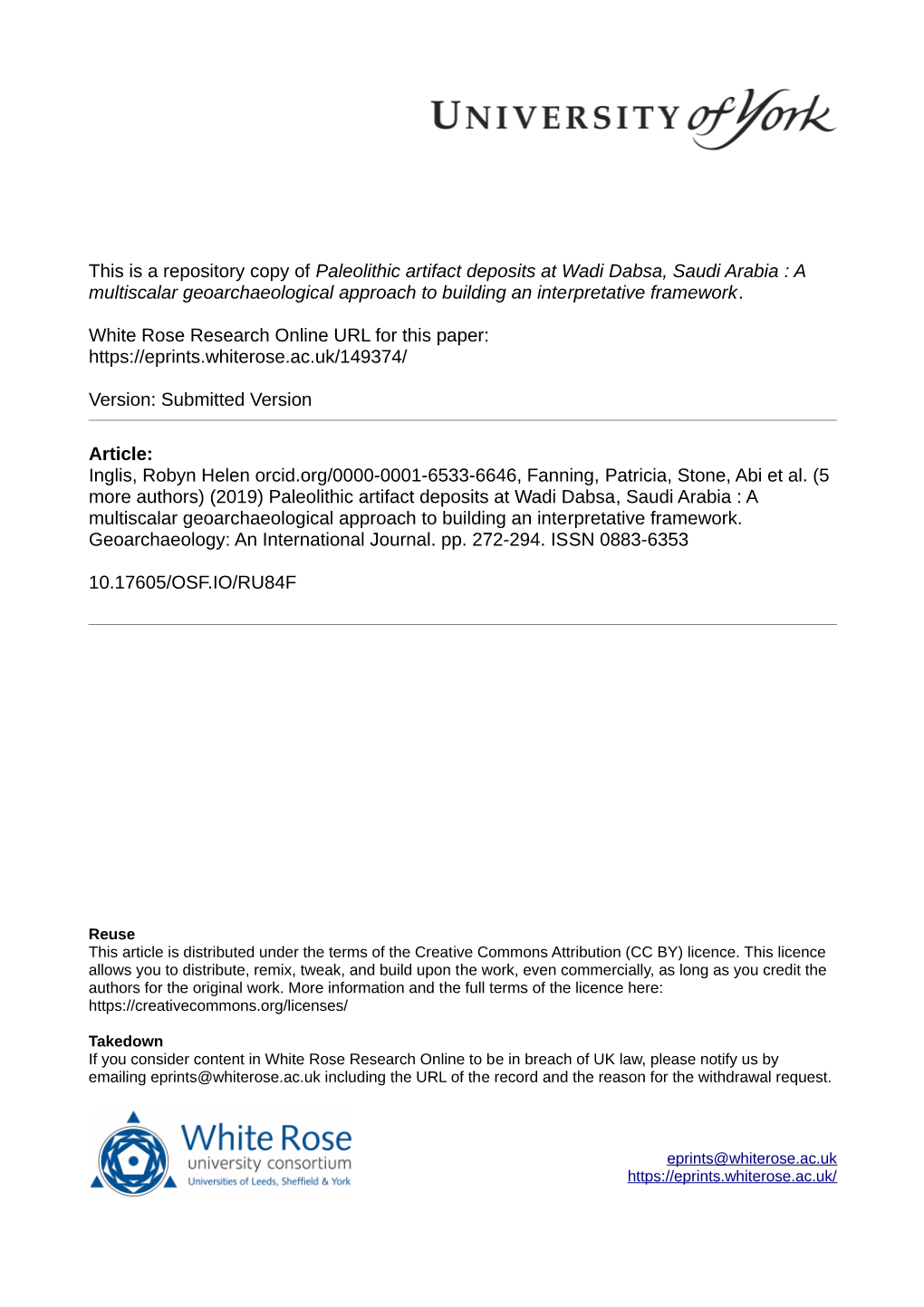 Paleolithic Artifact Deposits at Wadi Dabsa, Saudi Arabia : a Multiscalar Geoarchaeological Approach to Building an Interpretative Framework