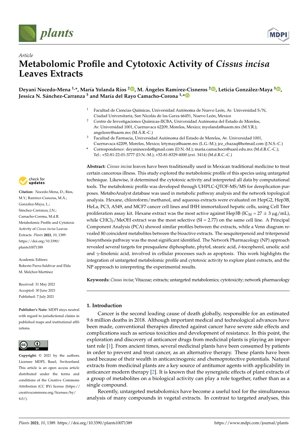 Metabolomic Profile and Cytotoxic Activity of Cissus Incisa Leaves