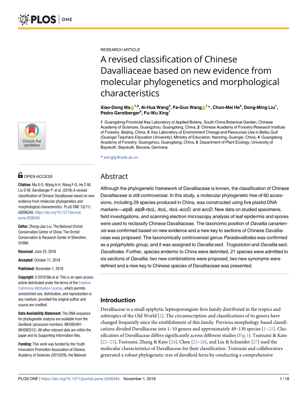 A Revised Classification of Chinese Davalliaceae Based on New Evidence from Molecular Phylogenetics and Morphological Characteristics