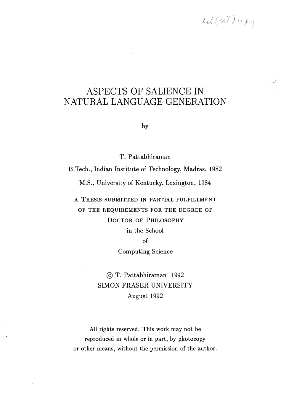 Aspects of Salience in Natural Language Generation / by T