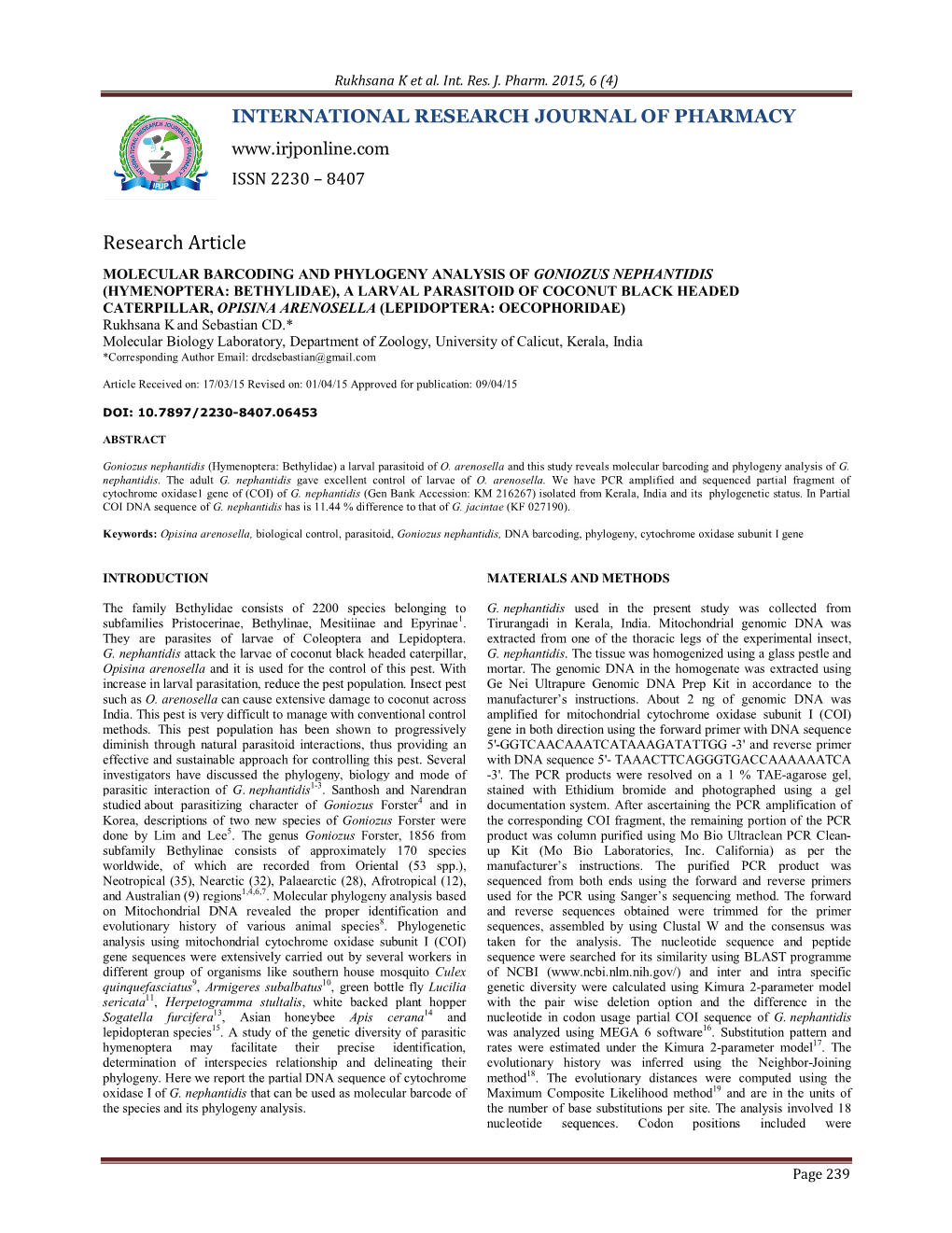 Molecular Barcoding and Phylogeny Analysis Of