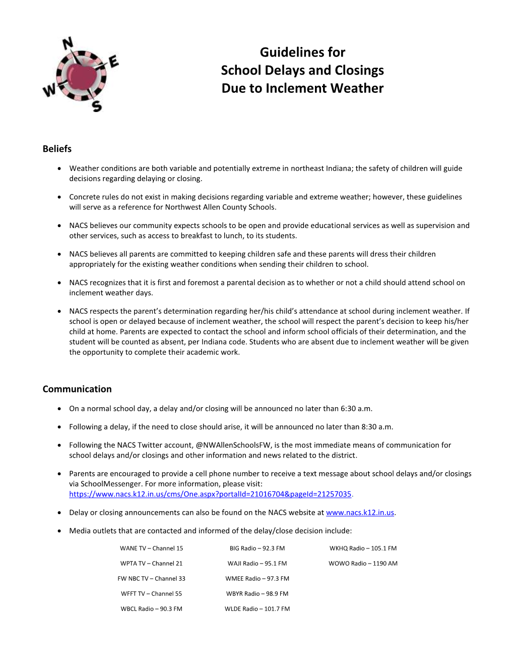 Guidelines for School Delays and Closings Due to Inclement Weather