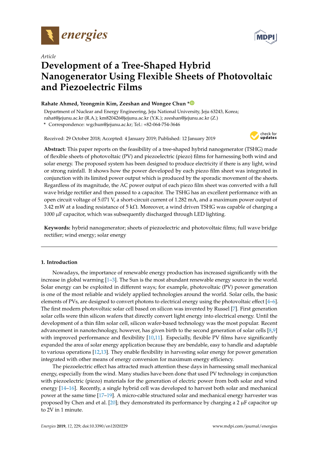 Development of a Tree-Shaped Hybrid Nanogenerator Using Flexible Sheets of Photovoltaic and Piezoelectric Films