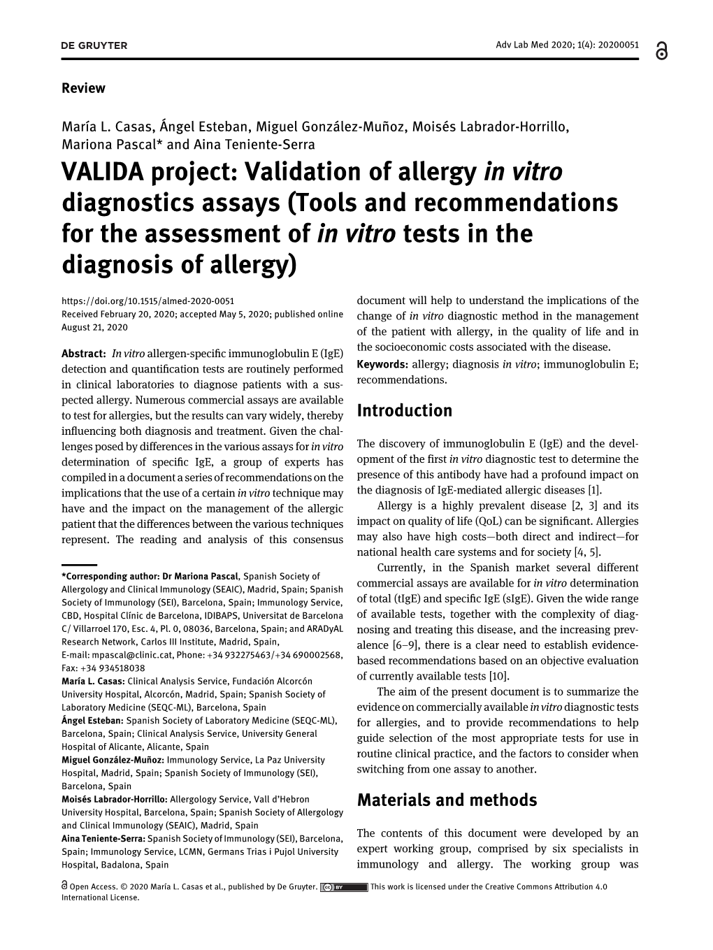 VALIDA Project: Validation of Allergy in Vitro Diagnostics Assays (Tools