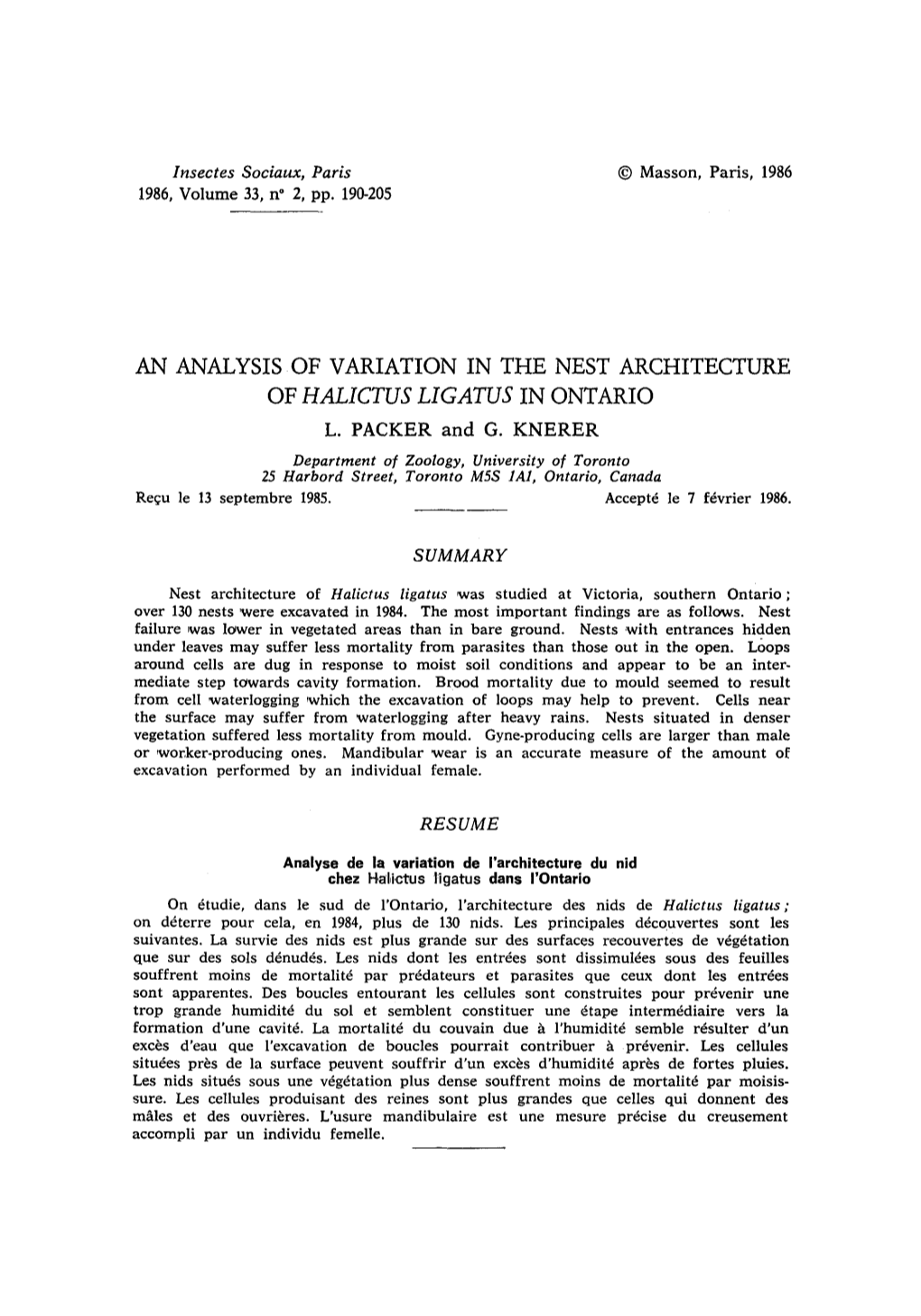 An Analysis of Variation in the Nest Architecture of Halictus Ligatus in Ontario L