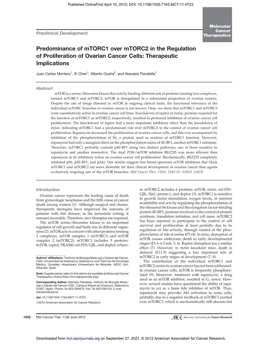 Predominance of Mtorc1 Over Mtorc2 in the Regulation of Proliferation of Ovarian Cancer Cells: Therapeutic Implications