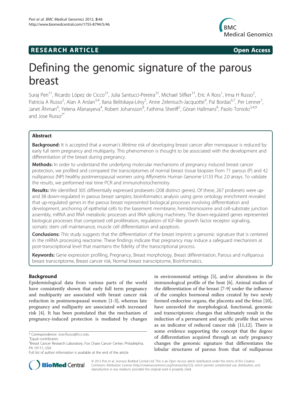 Defining the Genomic Signature of the Parous Breast