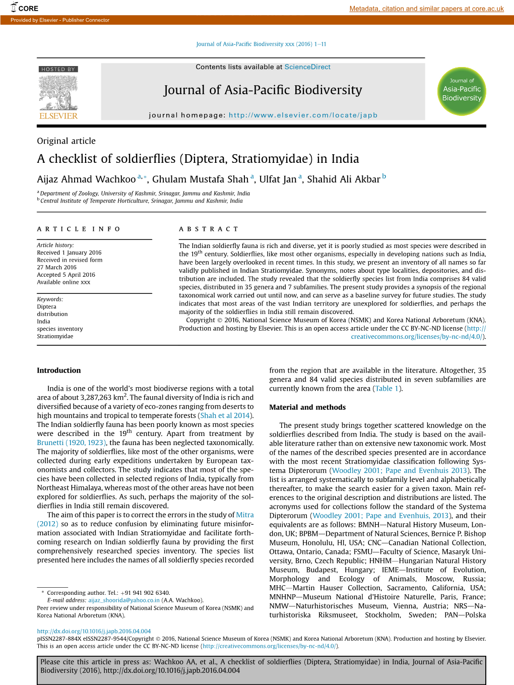 A Checklist of Soldierflies (Diptera, Stratiomyidae) in India