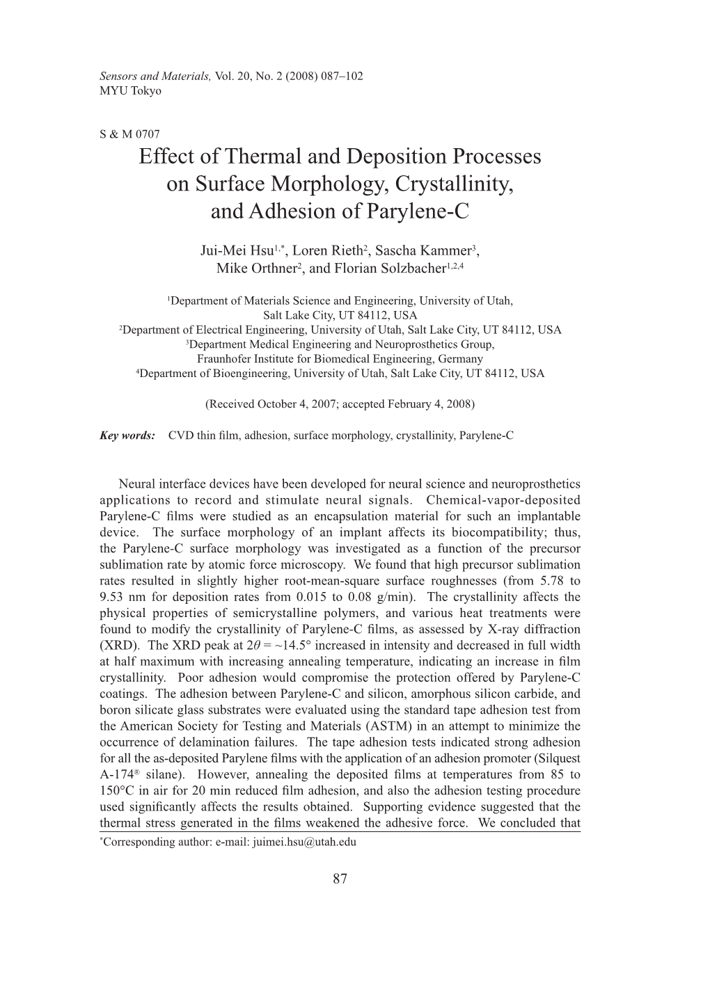 Effect of Thermal and Deposition Processes on Surface Morphology, Crystallinity, and Adhesion of Parylene-C