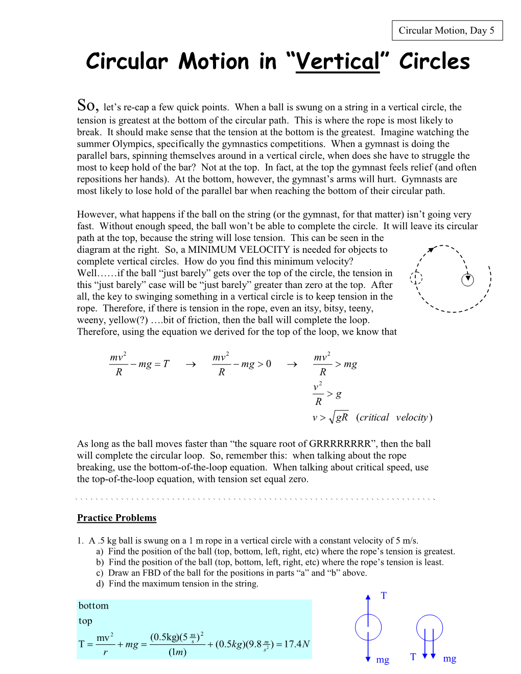 Circular Motion in “Vertical” Circles