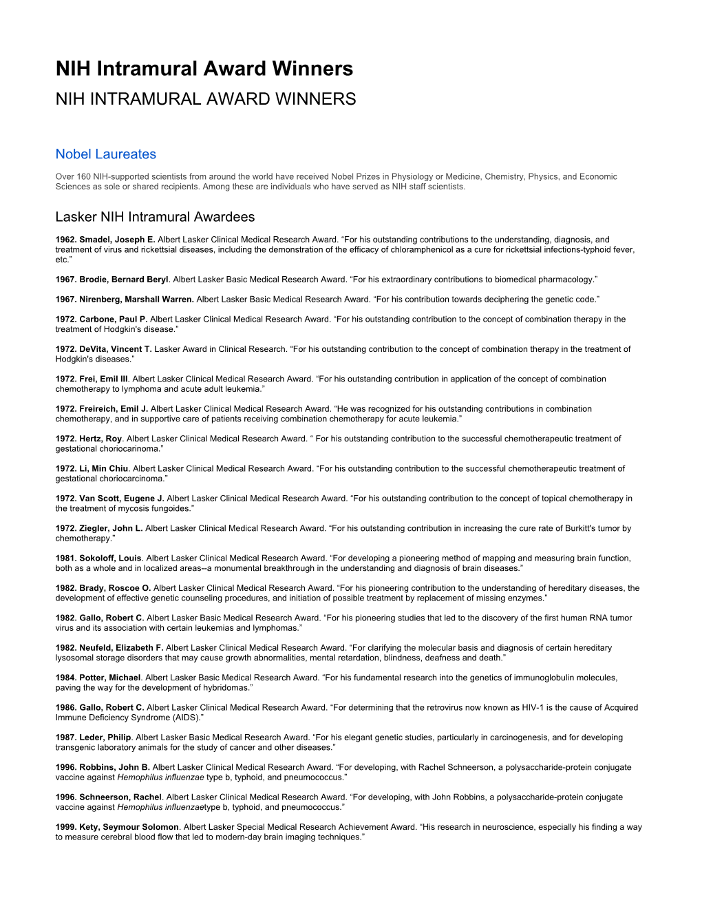 NIH Intramural Award Winners NIH INTRAMURAL AWARD WINNERS