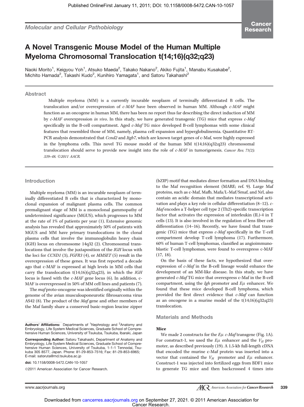 A Novel Transgenic Mouse Model of the Human Multiple Myeloma Chromosomal Translocation T(14;16)(Q32;Q23)