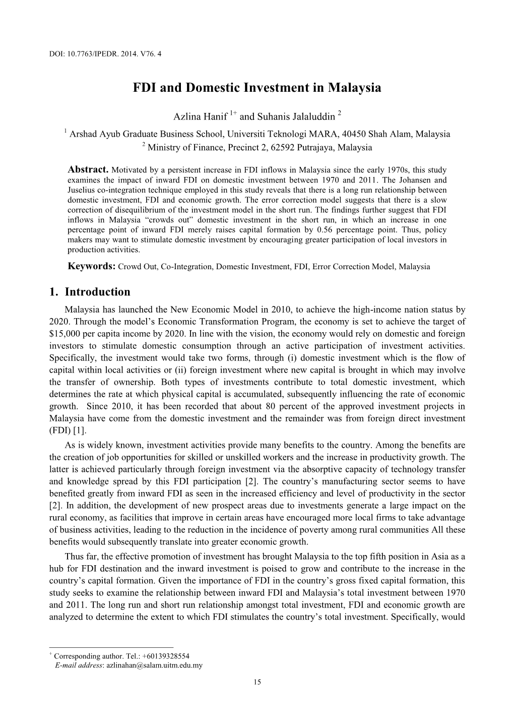 FDI and Domestic Investment in Malaysia