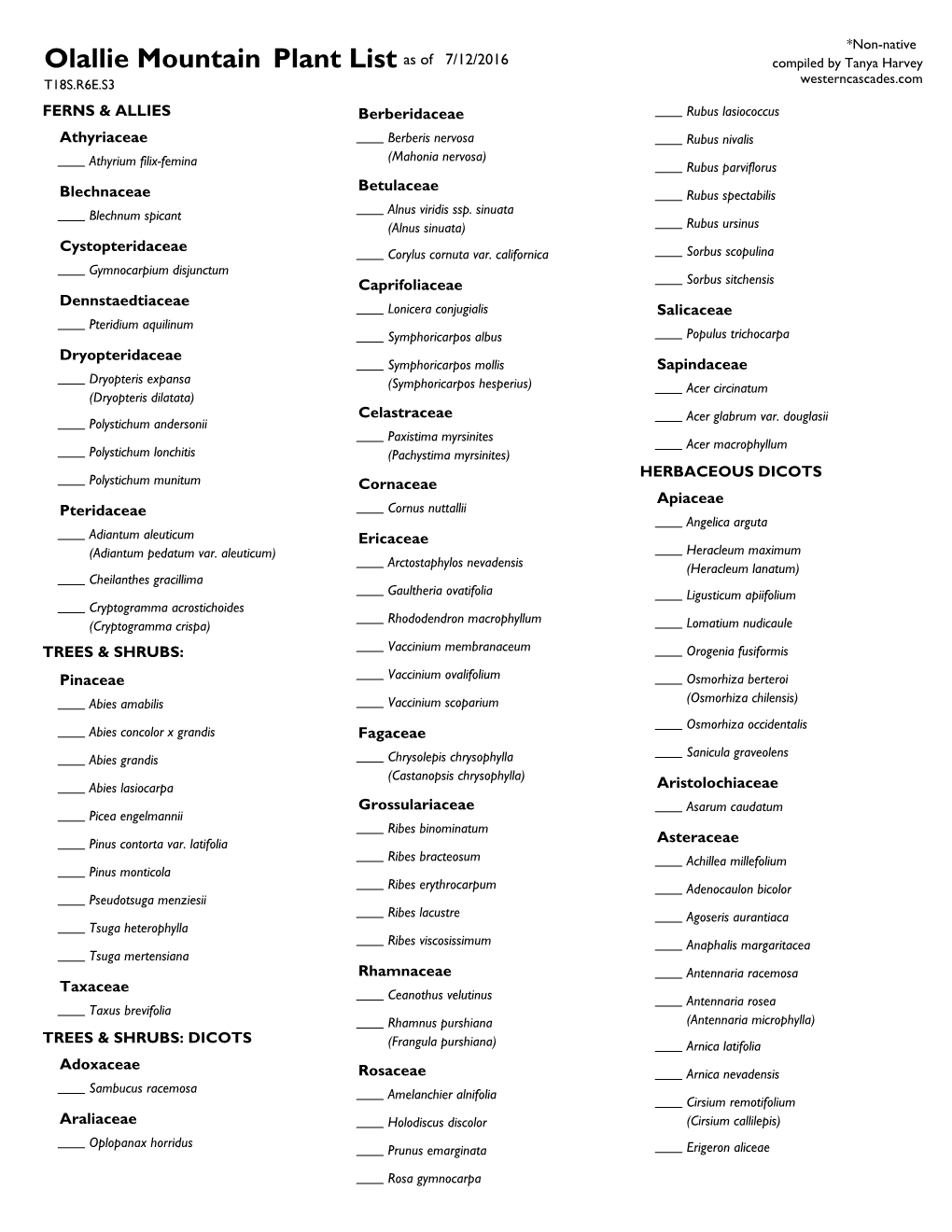 Plant List Olallie Mountain