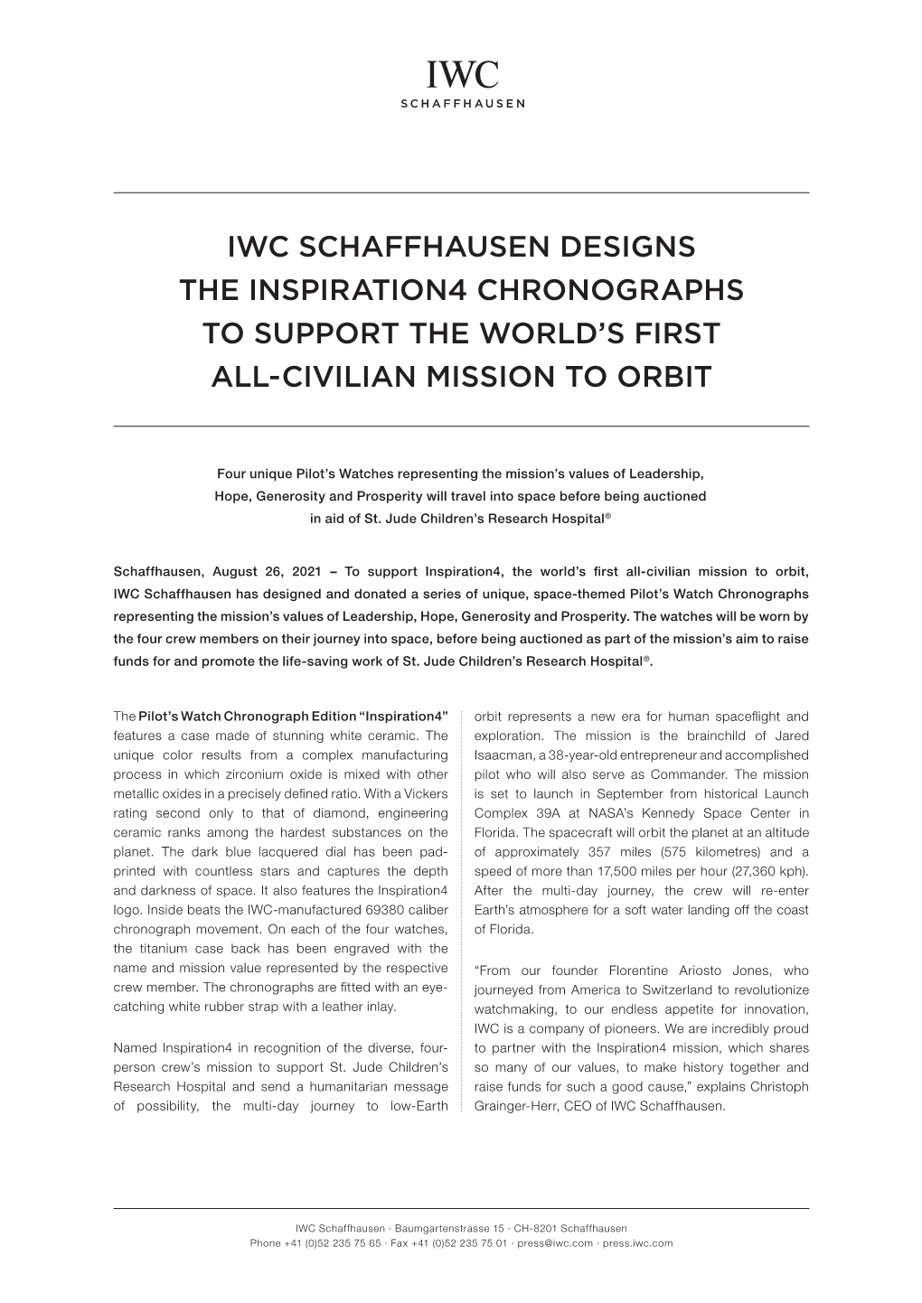 Iwc Schaffhausen Designs the Inspiration4 Chronographs to Support the World’S First All-Civilian Mission to Orbit