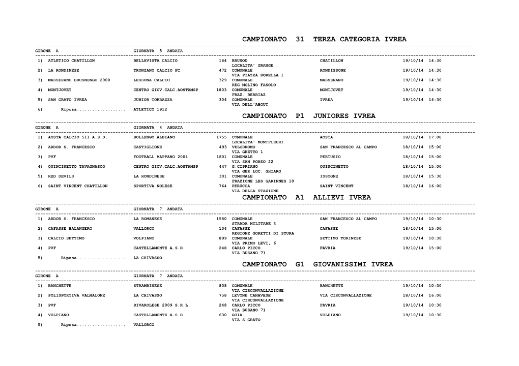 Campionato 31 Terza Categoria Ivrea Campionato P1 Juniores Ivrea Campionato A1 Allievi Ivrea Campionato G1 Giovanissimi Ivrea