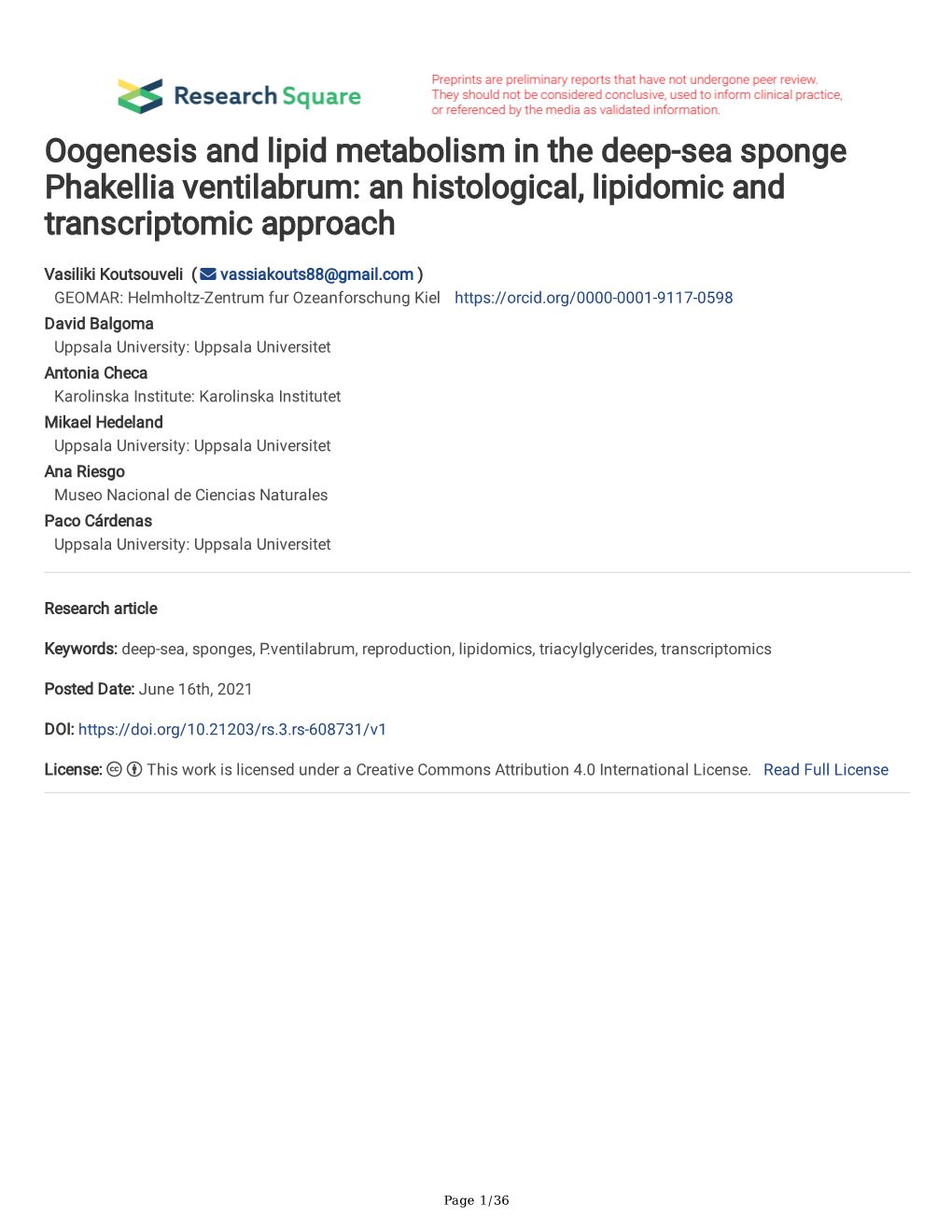 Oogenesis and Lipid Metabolism in the Deep-Sea Sponge Phakellia Ventilabrum: an Histological, Lipidomic and Transcriptomic Approach