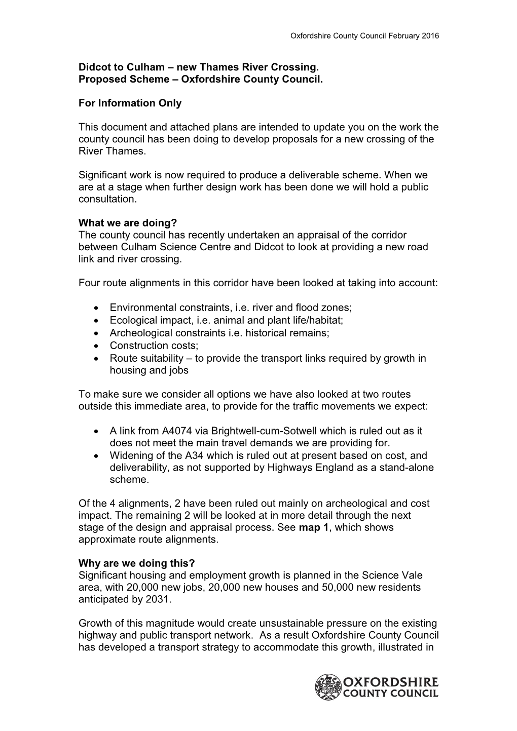 Didcot to Culham – New Thames River Crossing. Proposed Scheme – Oxfordshire County Council