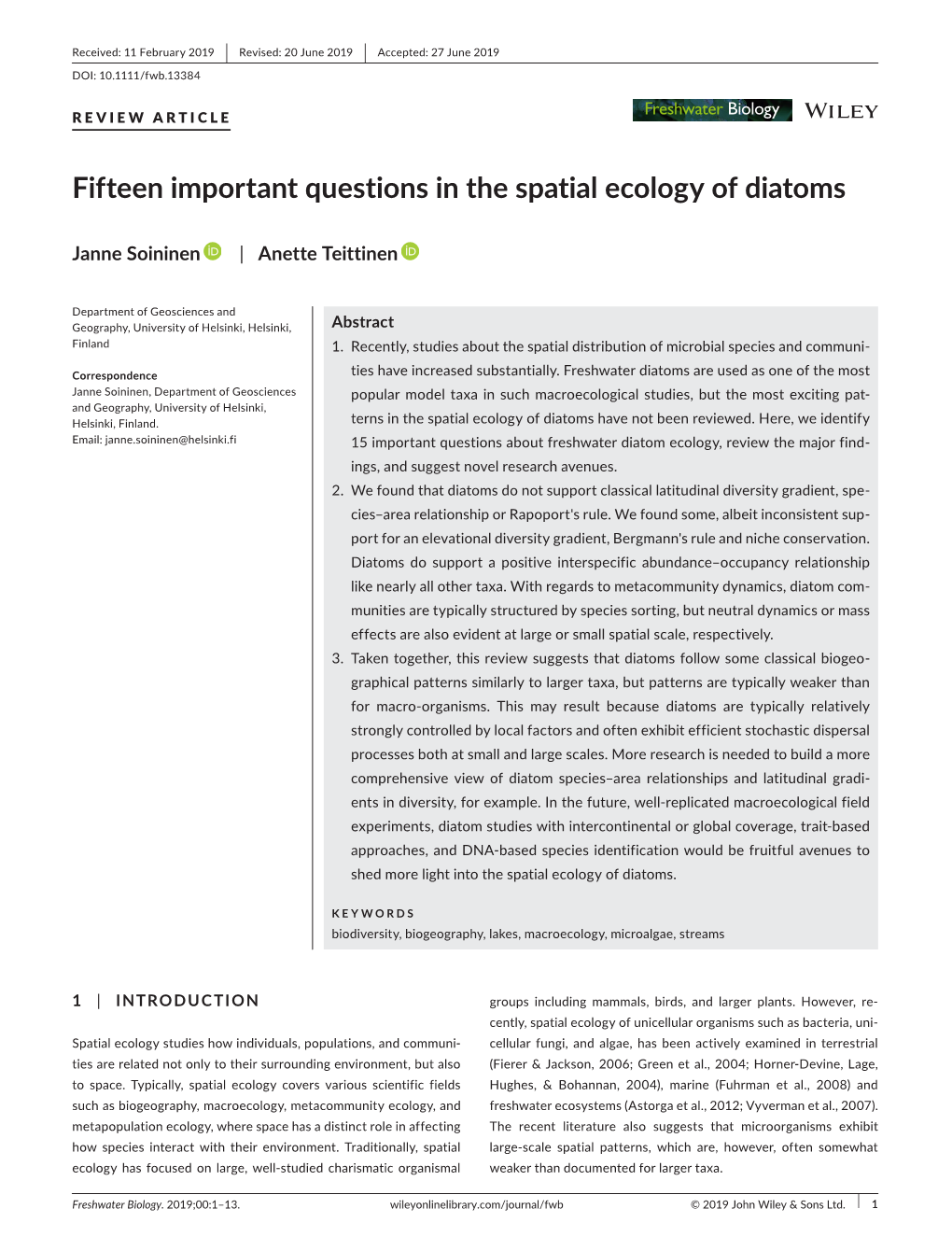 Fifteen Important Questions in the Spatial Ecology of Diatoms