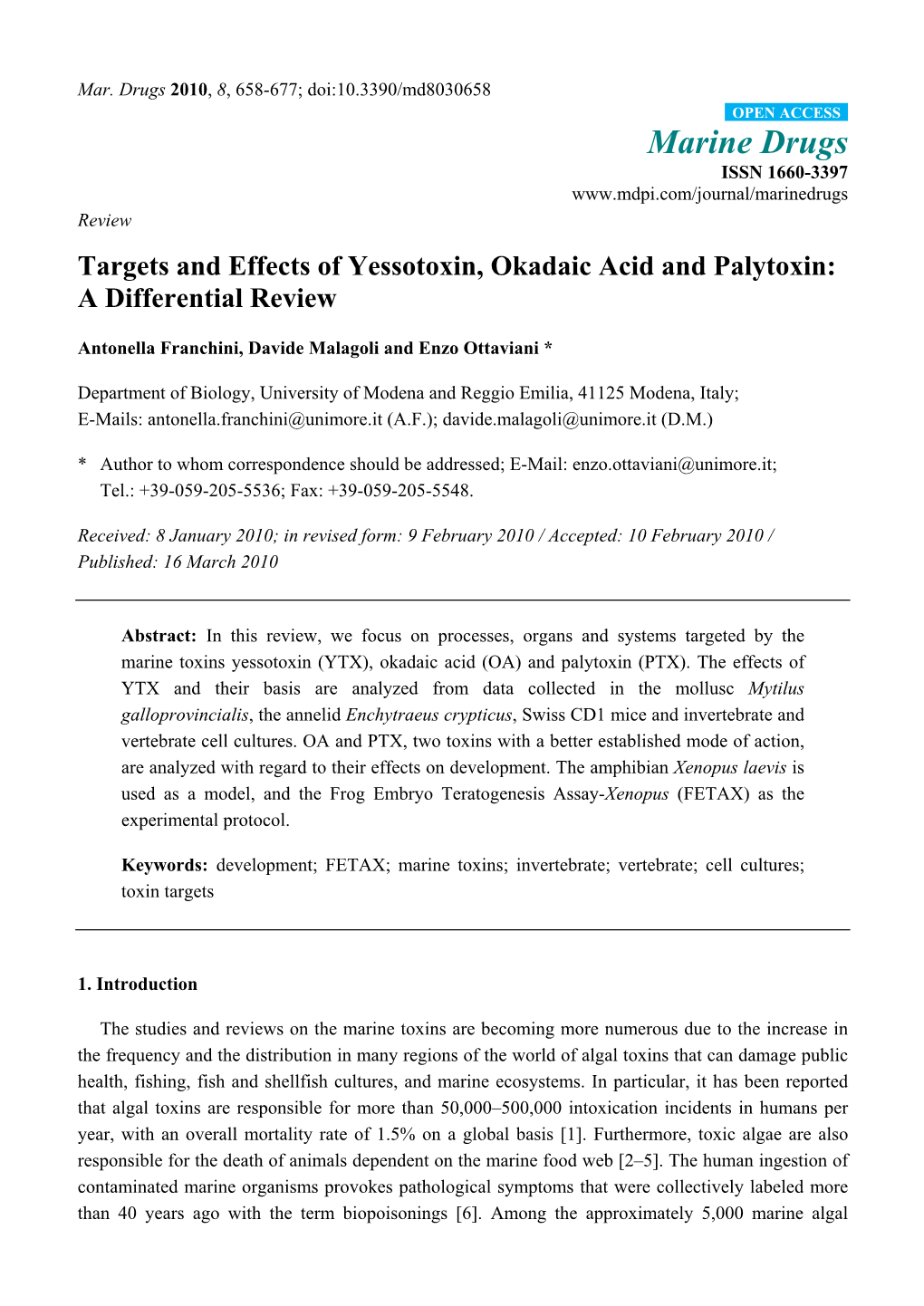 Targets and Effects of Yessotoxin, Okadaic Acid and Palytoxin: a Differential Review