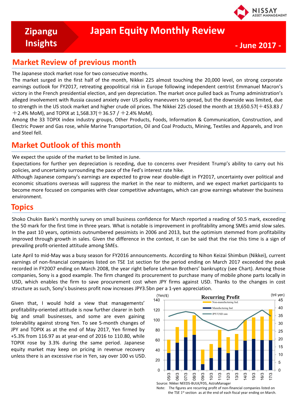 Japan Equity Monthly Review Insights - June 2017 - Market Review of Previous Month the Japanese Stock Market Rose for Two Consecutive Months