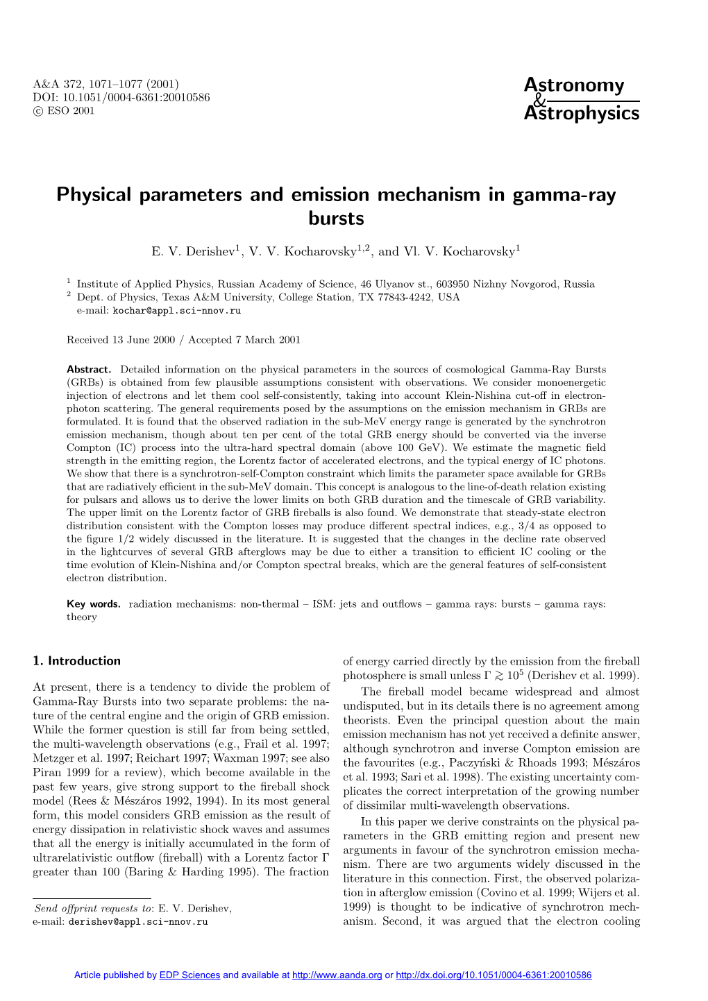 Physical Parameters and Emission Mechanism in Gamma-Ray Bursts