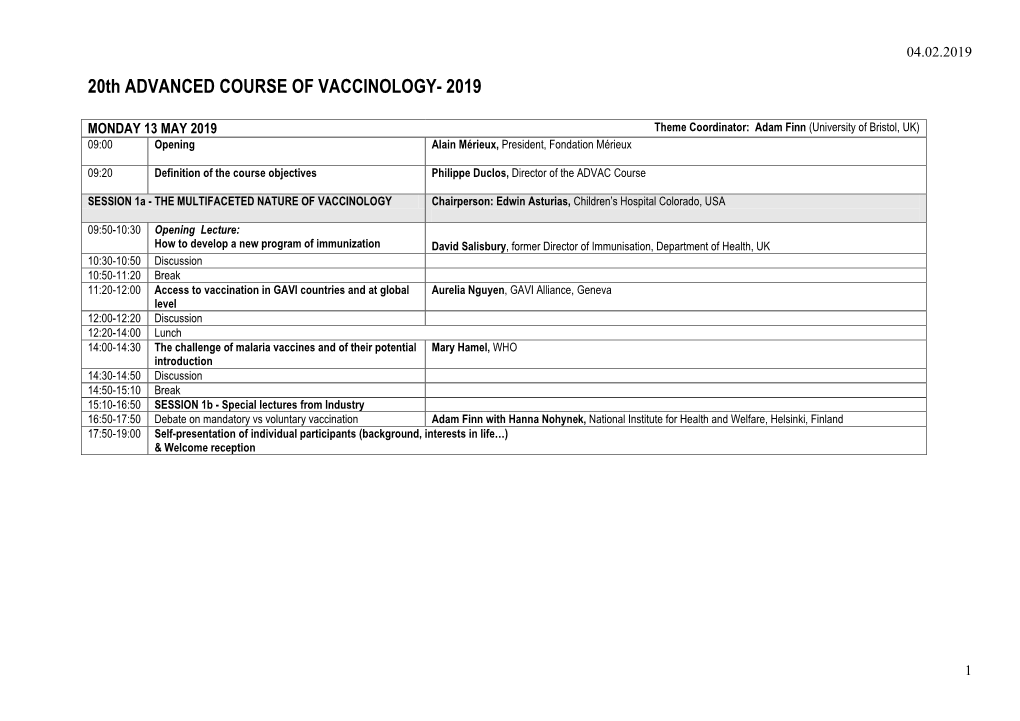 20Th ADVANCED COURSE of VACCINOLOGY- 2019