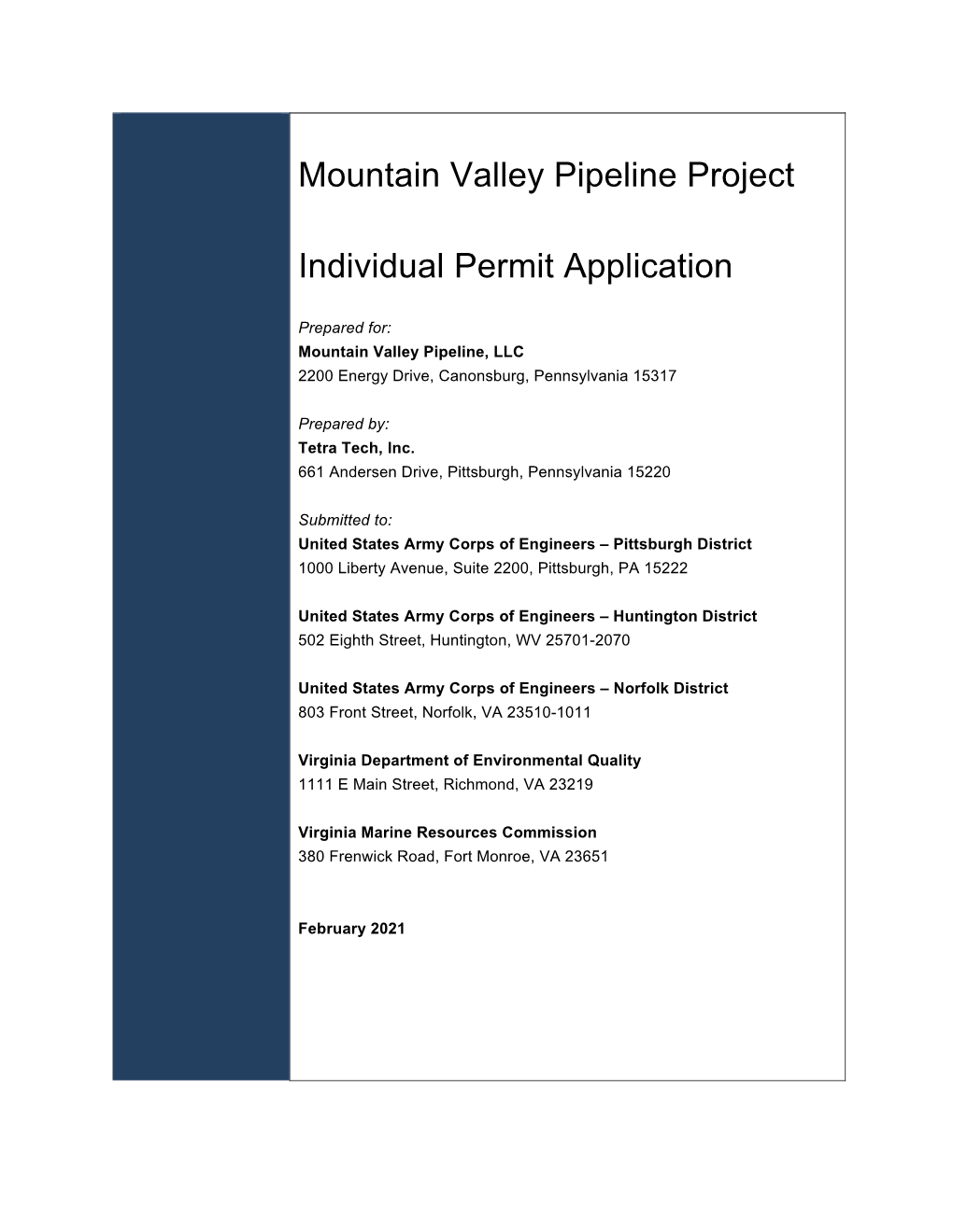 Mountain Valley Pipeline Project Individual Permit Application