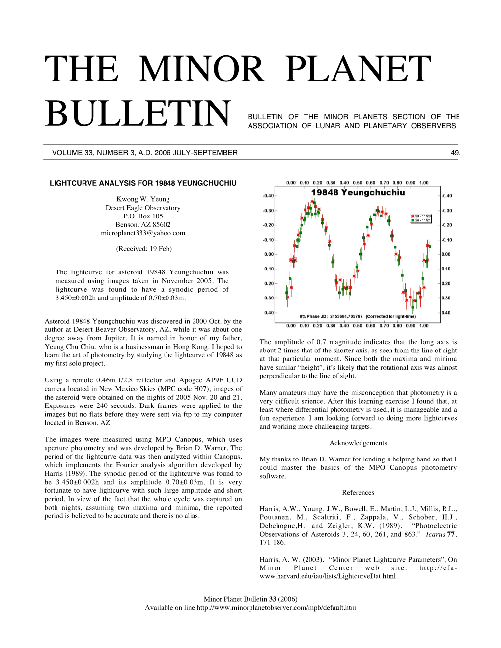 The Minor Planet Bulletin Lost a Friend on Agreement with That Reported by Ivanova Et Al