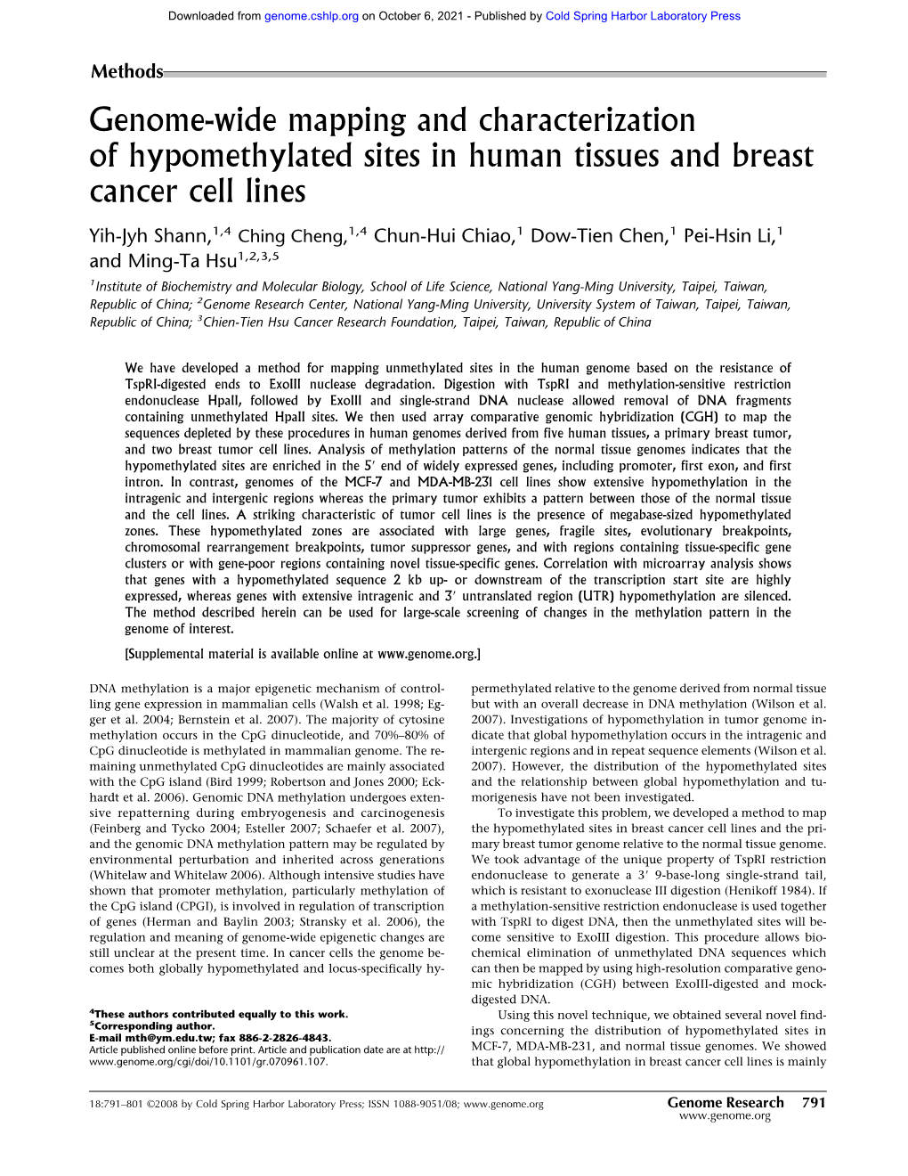 Genome-Wide Mapping and Characterization of Hypomethylated Sites in Human Tissues and Breast Cancer Cell Lines